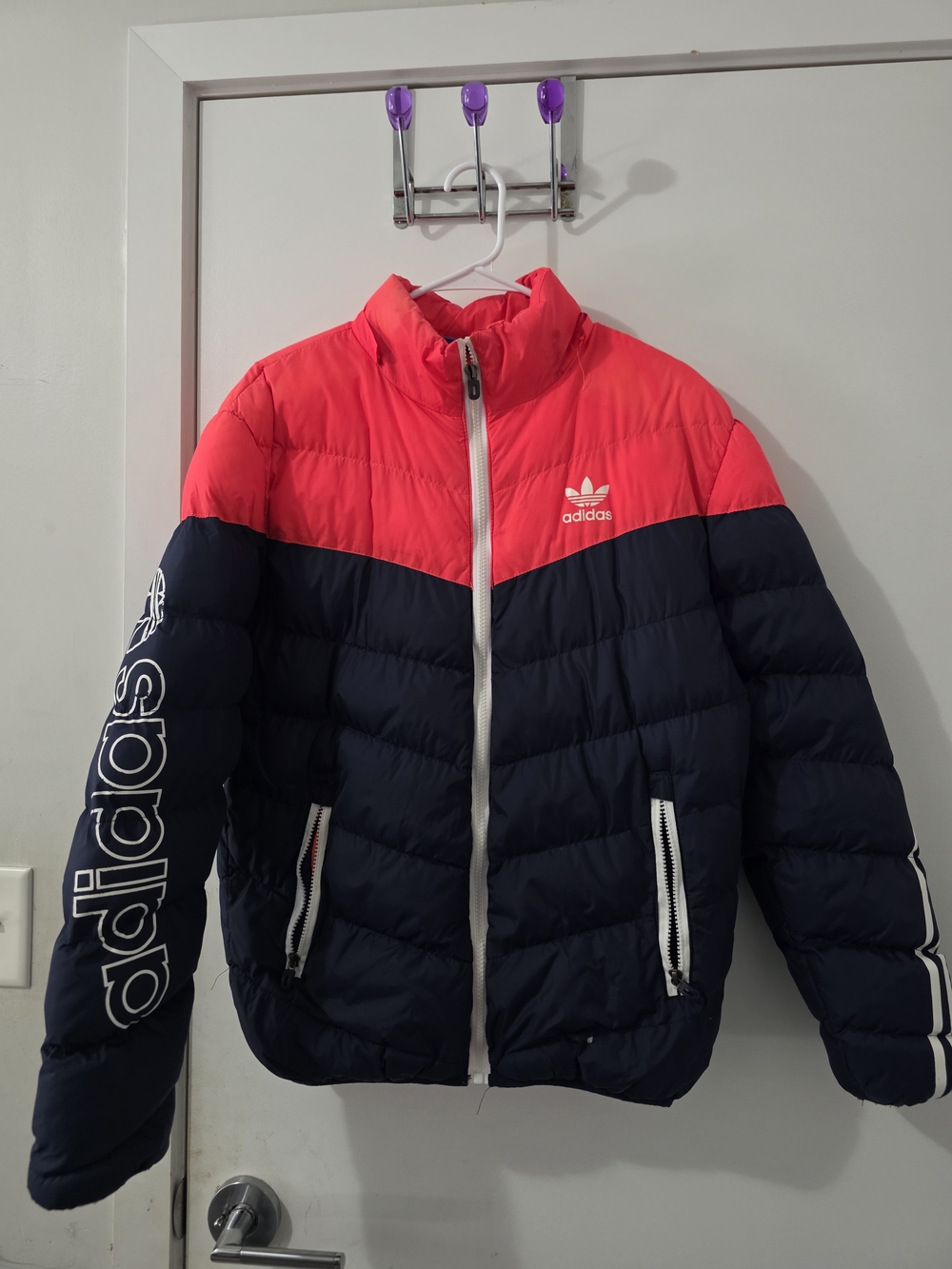 adidas Kids Colorblock Puffer Jacket in Navy and Bright Pink